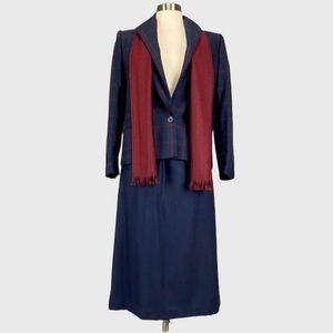 Vintage Kasper Womens Skirt Blazer Suit Set Blue Windowpane Wool Cashmere size 6